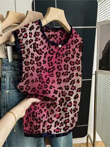 1 Piece Women's Loose Sleeveless Crew Neck Knit Top with Dark Blue Trim, Leopard Print & Pink Gradient Print, Spring & Summer Back-to-School Casual Style, Can Be Worn Alone or with a Vest, Suitable for Daily Outdoor Wear, Multicolor