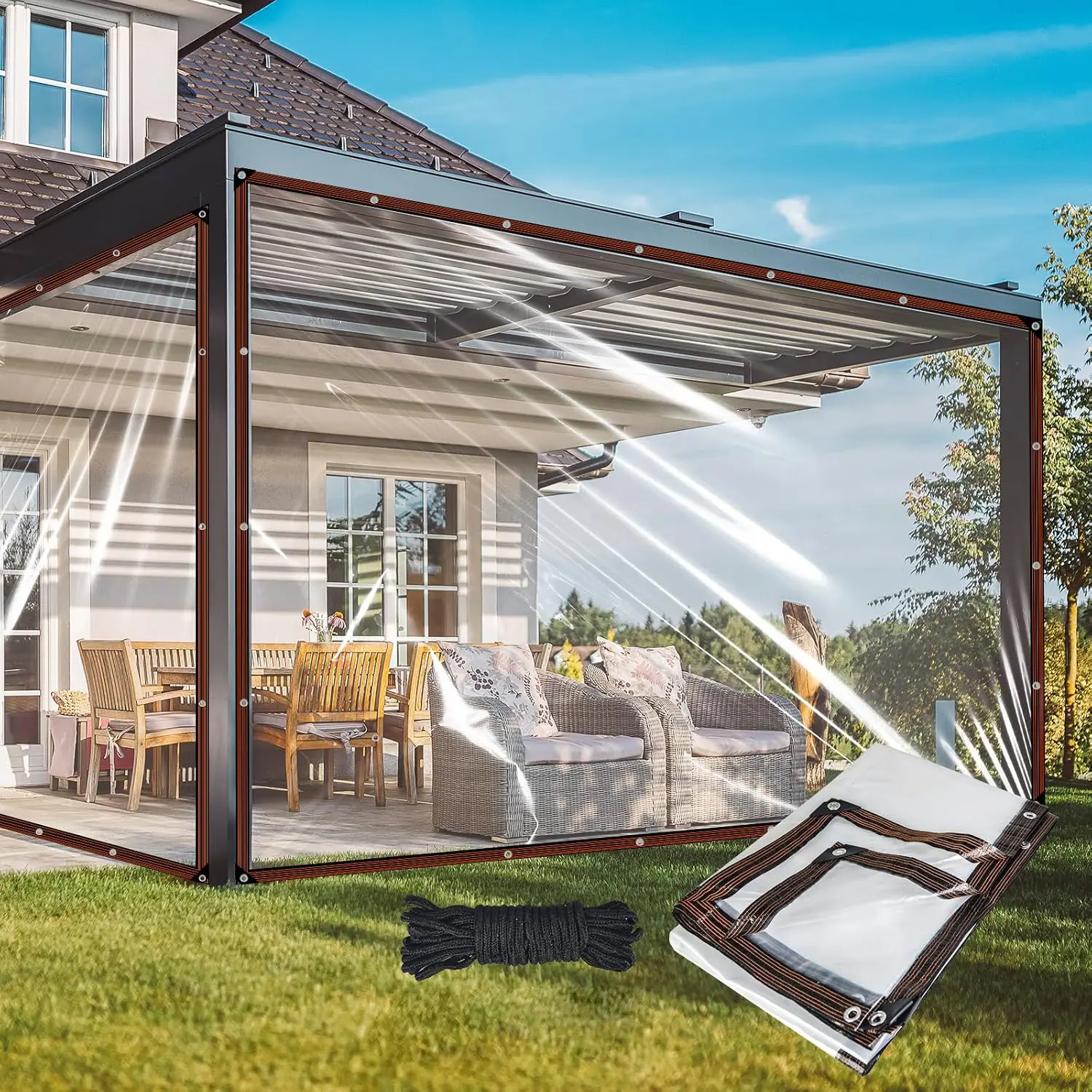 Clear Waterproof PE Tarp with Metal Grommets, Transparent Plastic Rain Cover with Reinforced Edges for Patio, Porch, Garden, Greenhouse, Outdoor Furniture & Temporary Outdoor Covering