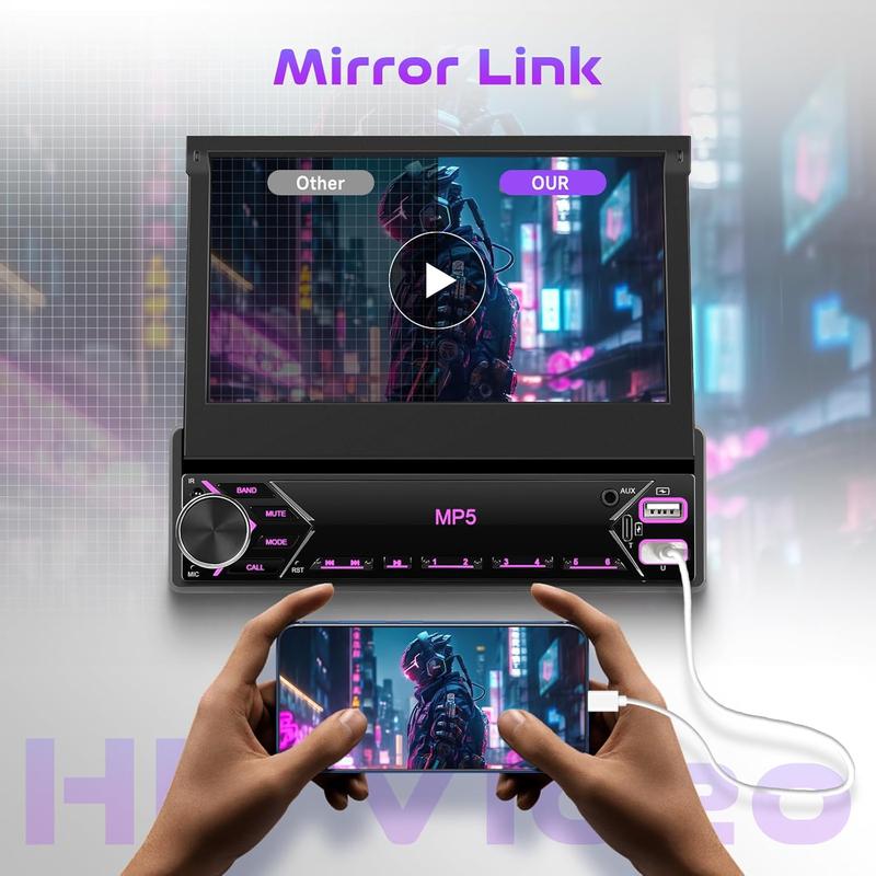 Single Din Flip Out Car Stereo Bluetooth 7 Inch Retractable Touch Screen Car Radio 1 Din Mirror Link/FM/EQ USB/Type-C/AUX SWC,  Car Audio Receiver MP5 Multimedia Player with Backup Camera