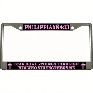 Philippians 4:13 Inspirational Car License Plate Frame - "I Can Do All Things Through Christ Who Strengthens Me" - Durable Aluminum Auto Tag Holder, 6, 3 x 12, 2 Inches, Black with Pink Lettering, Perfect for U, S, Vehicles, Car License Plate Frame, Vehic