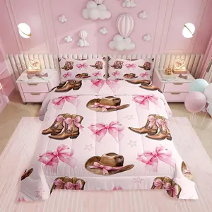 Cowgirl Boots and Bows Bedding Set for Girls,Cute Pink Bow Hat Comforter Set for Kids,Pink Western Bowknot Bed Set,Retro Country Cowboy Room Decor