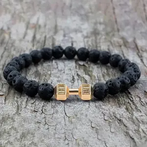 Natural Volcanic Lava Stone Dumbbell Bracelet Black Matte Beads Bracelets Natural Stone Barbell Energy Weights Bracelets