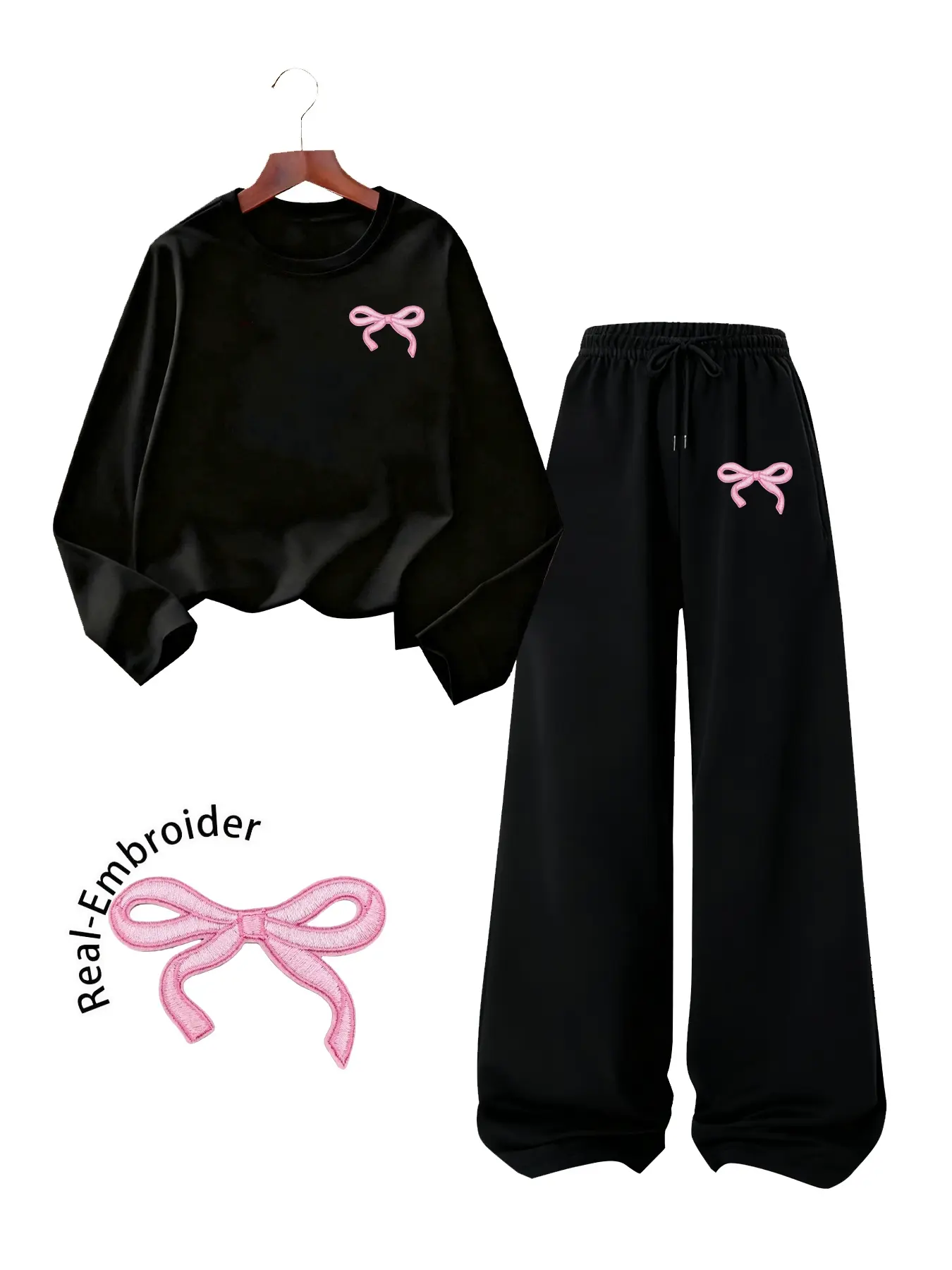 Vintage Fashion Embroidered Bow Knot Round Neck Loose Long Sleeve T-Shirt, Leopard Print Belted Elastic Straight Leg Pants Set, Spring & Fall