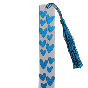 Blue Glitter Heart Tassel Bookmark - Aesthetic Look Page Marker, Cute Office Stationery Accessory for Reading Lovers