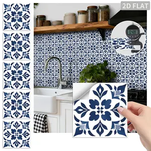 24PCS/Box FHZ Classic Art Tile Blue Gradient Floral Peel and Stick Wall Sticker, PET Matte Waterproof Oil-Proof Tile for Kitchen Backsplash Bathroom Furniture