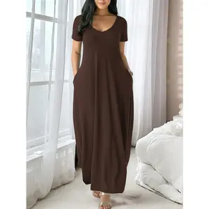 Women's Long Fitted Coffee Dress, Large Round Neck Short Sleeve Pocket Sleepwear, Casual Home Clothing Soft Fabric All Seasons Wear
