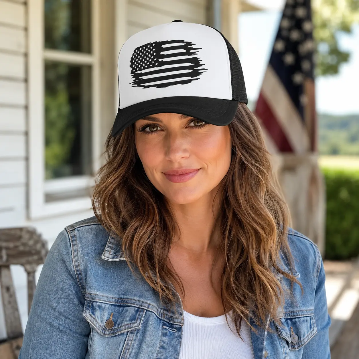 Unisex Flag Print American Trucker Hat - Orange & White Mesh Back Baseball Cap, Adjustable Snapback, Breathable Patriotic Summer Hat for Outdoor Activities