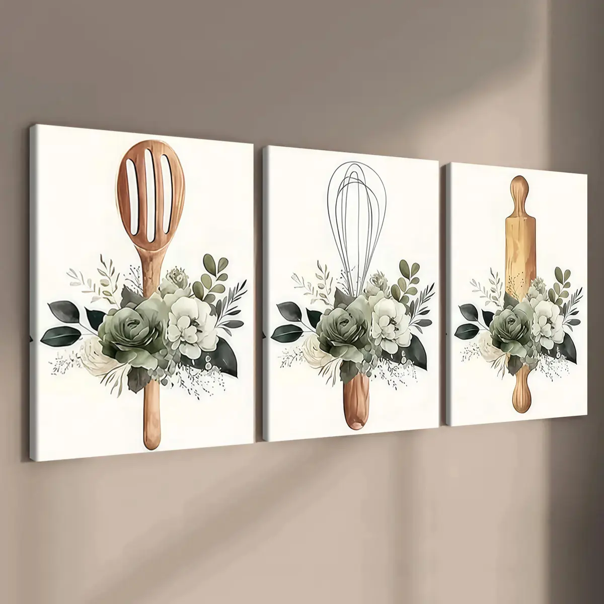 3-Piece Solid Wood Frame Canvas Art Set, Artistic Modern Floral Kitchen Decor, Flower Print Design & Wall Poster, Waterproof High-Definition Print, Ideal for Hallway & Living Room