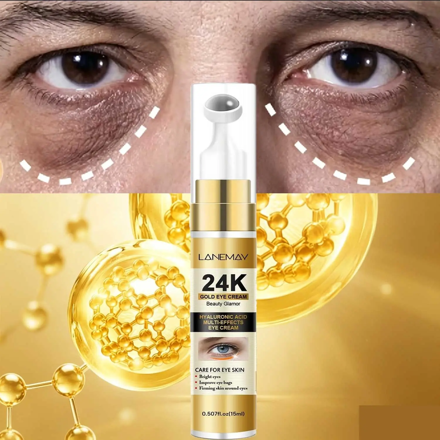 LANEMAY 24K Gold Firming Eye Cream Under Eye Brightener, Under Eye Care 15ml, Niacinamide for brightening, Coffee extract for reducing puffiness, Vitamin E for nourishing, Firms eye skin, suitable for late sleepers/mature skin
