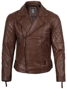 Men’s Brown Leather Biker Jacket Quilted Shoulder Slim Fit Motorcycle Style Zip-Up Jacket