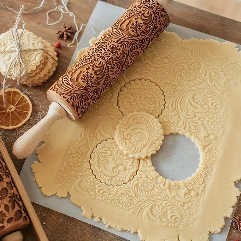 Baking rolling pin, embossed rolling pin, engraved embossed rolling pin kitchen decoration tools baking embossed cookies, birthday gift women, gift women, mom birthday gift (1 piece, floral pattern) Bakeware Utensils