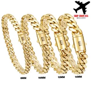 8-14MM Black S Clasp Cuban Link Chain Bracelet For Men 14K Gold Plated Stainless Steel Hip Hop Jewelry