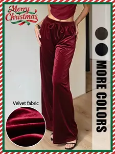 Women's Soft Velvet Drawstring Waist Wide Leg Pants, High-Waisted Loose Fit Winter Home Wear, Casual Fashionable Ladies' Clothing, Bottom, Womenswear