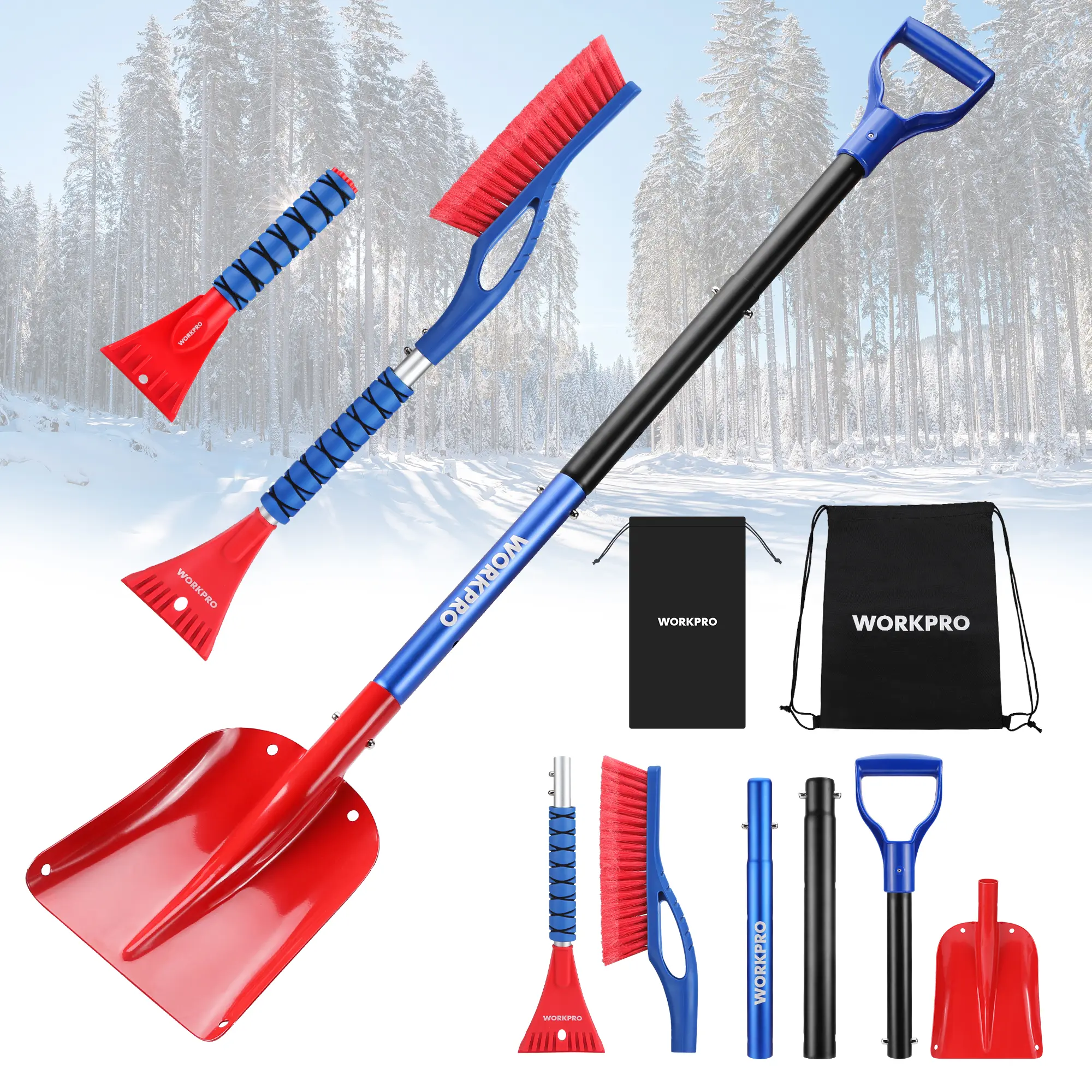 WORKPRO 27" Snow Brush and Ice Scraper for Car Windshield, Car Snow Brush and Ice Scraper with Foam Grip, 2-in-1 Detachable Snow Removal Tool, Storage Bag Included, 2 PC