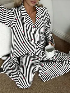 Ladies loose and comfortable breathable casual Striped Loungewear long sleeves + trousers home cute pajama set Nightwear Pyjamas Homewear Womenswear