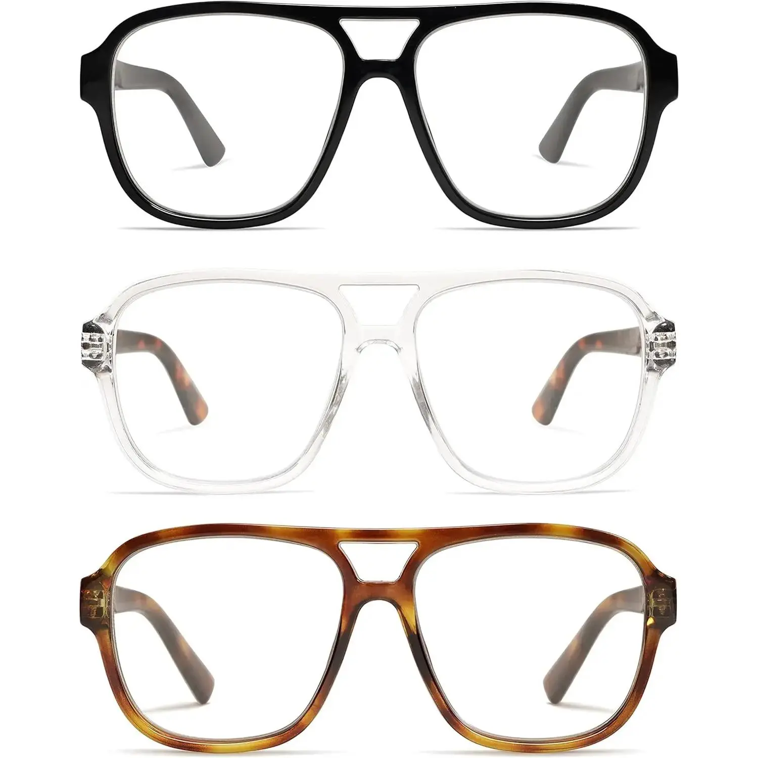 3 Pack Lightweight Plastic Aviator Spring Hinge Reading Glasses - UV & Blue Light Blocking Retro Computer Readers for Men & Women (AM6081)