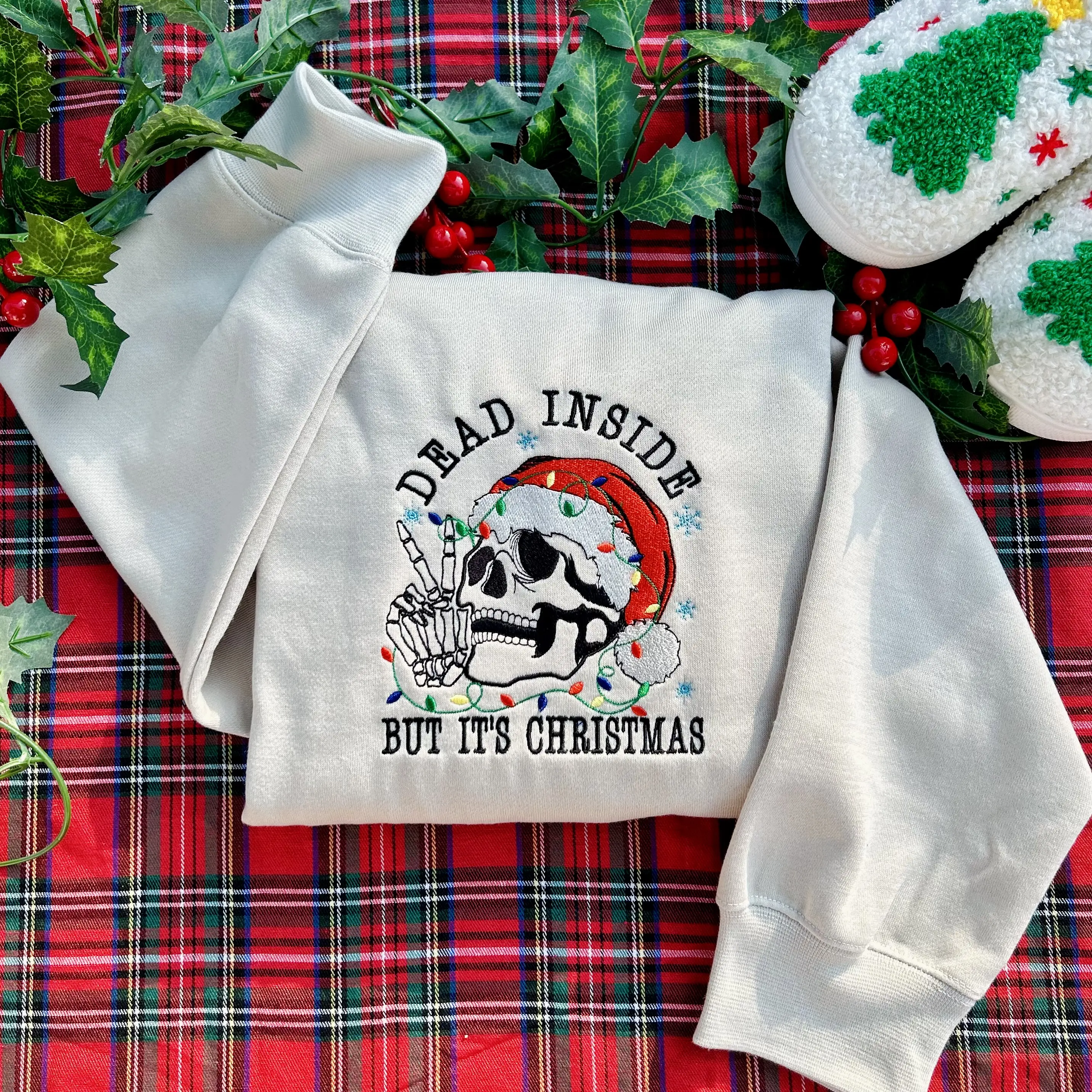 Dead Inside But It's Christmas Skeleton Embroidered Sweatshirt, Funny Winter Crewneck Jumper, Holiday Embroidery Hoodie, Gift For Xmas