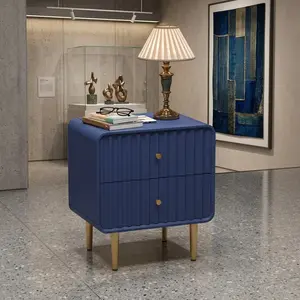 Fluted Nightstand, MDF Storage Side Table with Drawers & Gold Handles, Modern Rounded Corner End Table, Multi-Functional Accent Table for Bedroom Living Room Home Decor, Blue