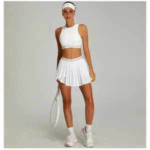 2-Piece Breathable Tennis Track Dress Set - Stretch Knit Moisture-Wicking Shirt, Medium-Support Stretchy Sports Bra, Pleated Skirt with Shorts, Tie-Front Design for Active & Casual Use, Two Piece Set