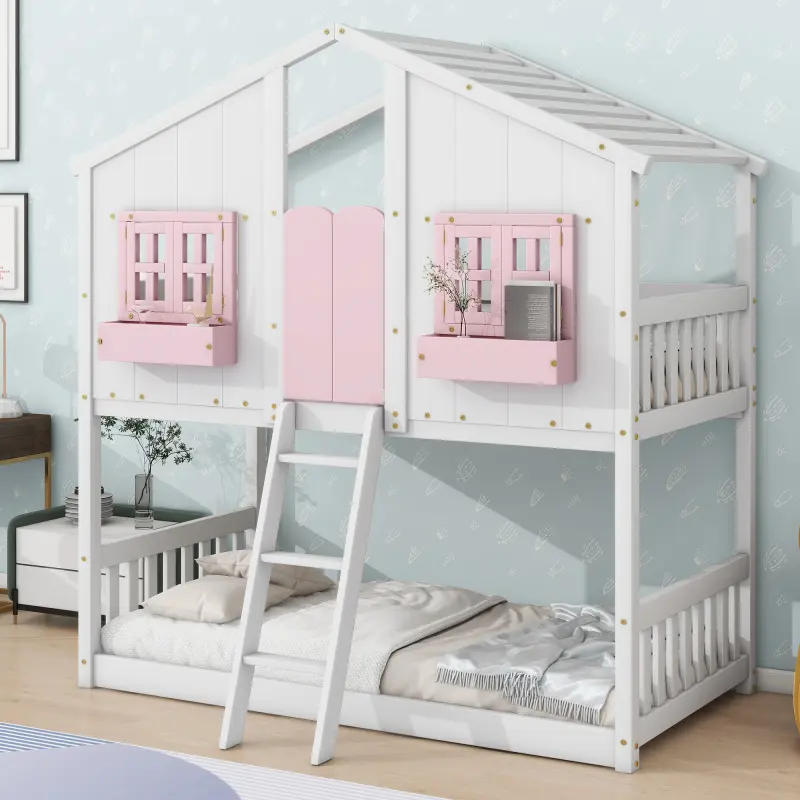 House Bunk Bed Frame Twin Over Twin, Wood Bunk Beds with Roof, Window Box and Small Door, Floor Bunk Beds with Ladder and Guard Rails for kids, bedroom, Pink