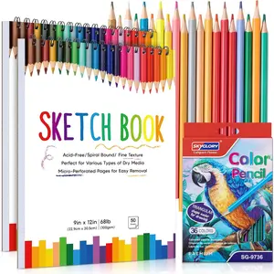 Prudiut 2 Pack Sketch Book with 36 Color Pencil Set, Spiral Kids Sketchbook for Drawing (68lb/100gsm), Acid-Free Sketch Pad for Kids Artist, Art Paper Drawing Supplies for Gifts (9×12 inch)