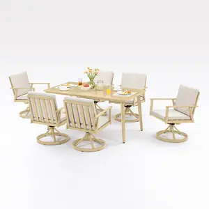 SeeHill 7 Pieces Outdoor Dining Set, Aluminum Patio Swivel Dining Set with Umbrella Hole, 360° Rotation Outdoor Patio Furniture Set, 6 Swivel Chairs and Table for Decks, Garden, Pool, Maple Wood