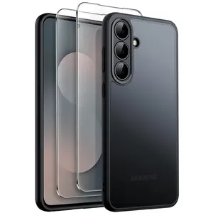JETech Matte Case for Samsung Galaxy S25 Series with 2-Pack Tempered Glass Screen Protector, 3 in 1 Translucent Frosted Shockproof Phone Cover with Camera Protection
