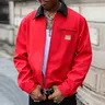 Men’s short jacket with turn-down collar and zipper, red-and-black contrast color; versatile casual workwear top for spring and autumn; casual jacket outerwear