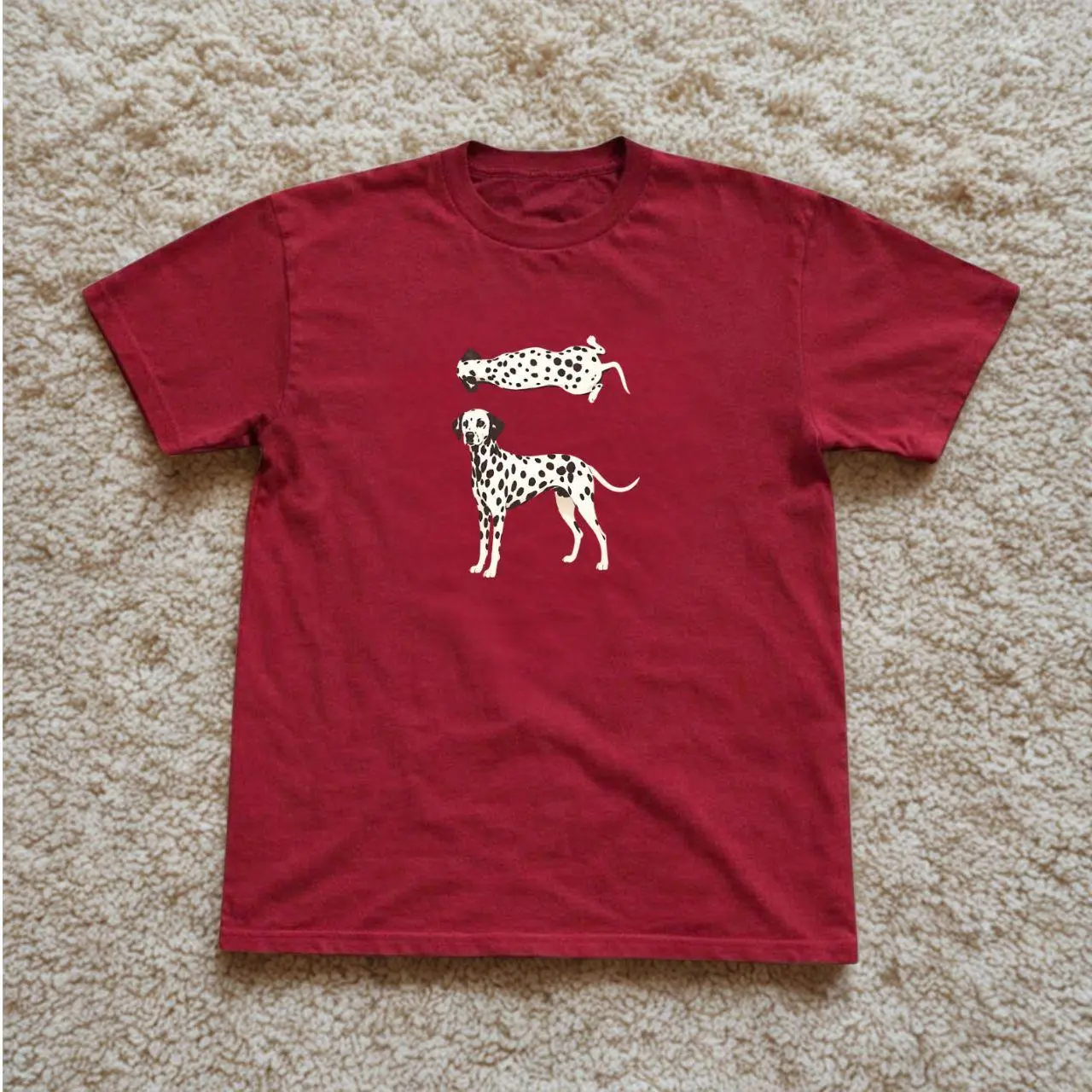 Dalmatian T-shirt Vintage Dalmatian Dog Standing Sploot Graphic Tee, Retro Spotted Dog Breed Burgundy Shirt, Loose Fit Top