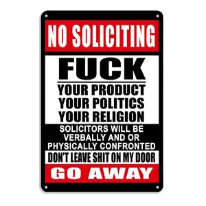 No Soliciting F Your Products Go Away Sign 12X8 Inches Humorous Funny Tin Decor for Cabin Garage Courtyard Outdoor Easy Hanging Aluminum Gift