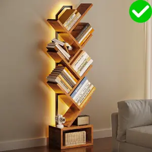 Modern 6-Tier Tree Bookcase with Smart LED Lights - Freestanding Storage Display Shelf Organizer for Living Room & Home Office