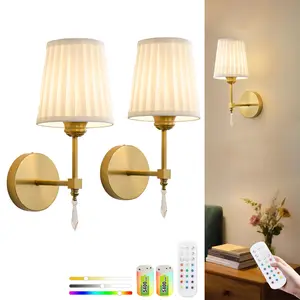 Wireless Wall Sconce Light with Remote Control, Led Light Set of 2 Fabric Shade, Indoor Wireless Lamp For Bedroom Living Room Wash Room