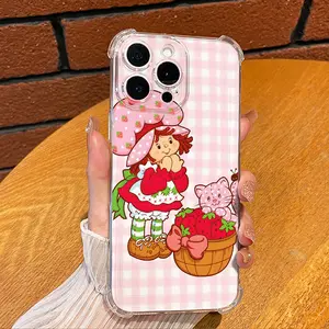 S-Strawberry Pink Girl with Checkered Phone Case for iPhone 16 15 14 13 12 11 X XS PRO MAX PLUS Gift Ideas Anti-drop Cellphone Protective Shell Soft Transparent Shockproof Mobile Phone Cover