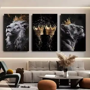 3 pieces Gold Crown Lion Canvas Painting Modern Animal Hanging Painting Model Room Soft Decoration Design Corridor Background Wall Beautification Artistic Atmosphere Hanging Painting Commercial Space Decor Gallery Grade Quality Framed and Unframed Options
