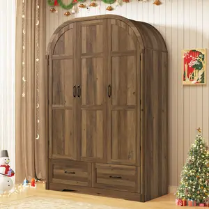 3 Doors Armoire Wardrobe Closet with Mirror and Lights, 71" Farmhouse Arched Wooden Wardrobe Cabinet with 2 Drawers,Hanging Rod, Clothing Storage Closet Cabinet for Bedroom,Light Rustic Oak/Black
