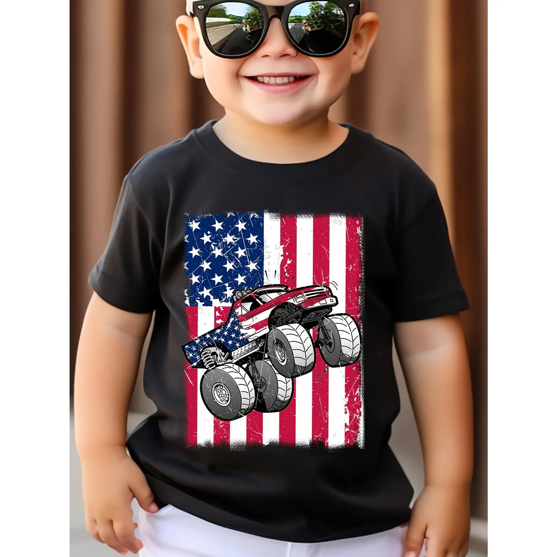 Boys' Patriotic Monster Truck T-Shirt - Soft Cotton, Round Neck, Short Sleeve - American Flag Design for Independence Day, Kids Casual Wear|Patriotic