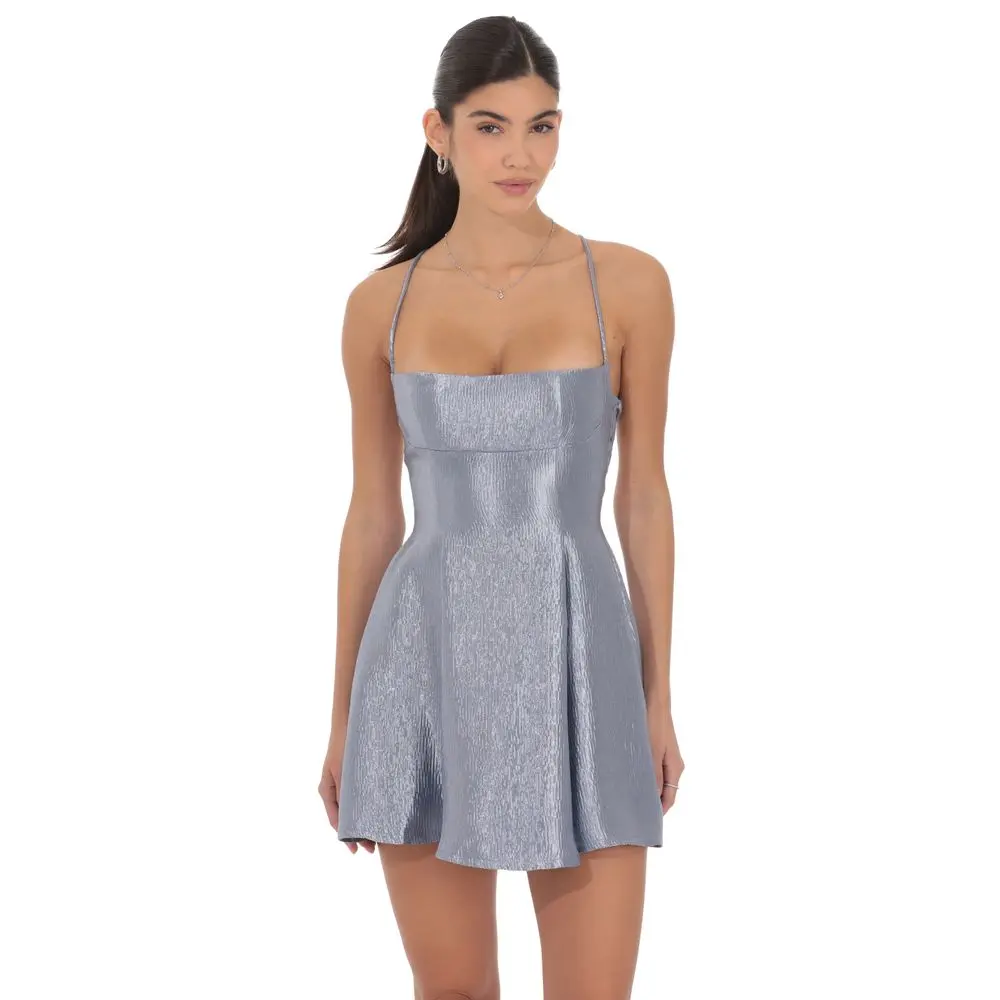 Crinkle Metallic Fit and Flare Dress in Slate Blue