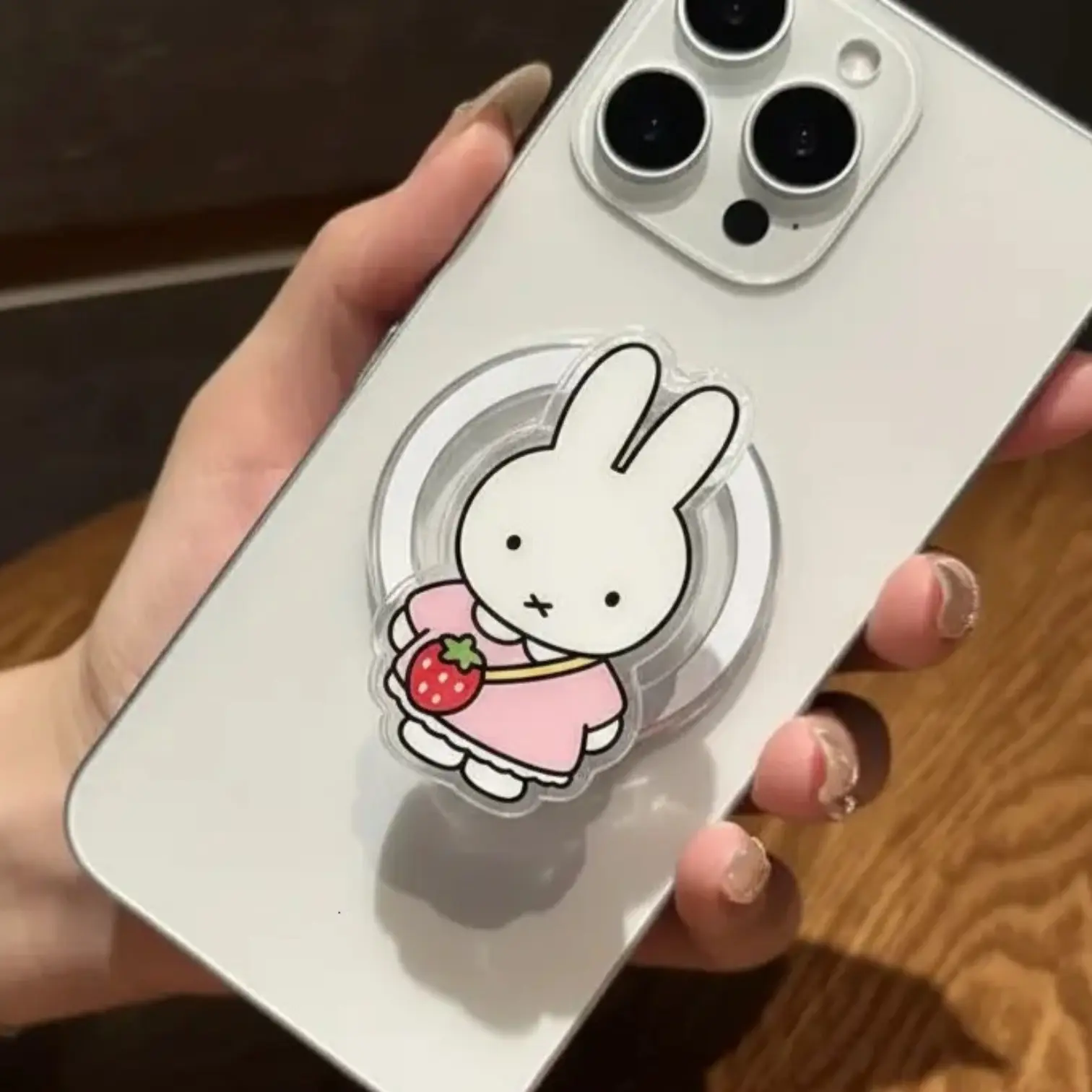 Cute Bunny and Strawberry MagSafe Grip, Magnetic Holder for eReader Kindle, Kawaii Rabbit Case Accessory, Pastel Pink Gift For Her Phone Stand