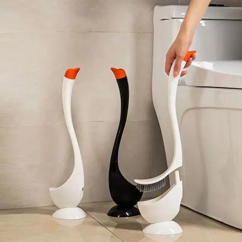 Swan-Shaped Long Handle Toilet Brush Set with Holder, Dense Bristles, Household Cartoon Bathroom Cleaning Tool