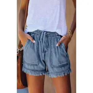 Jean Shorts for Women's Drawstring Elastic Waisted Casual Denim Shorts with Pocket Tassel high waist denim short Plus Size Women's Pants Womenswear Bottom