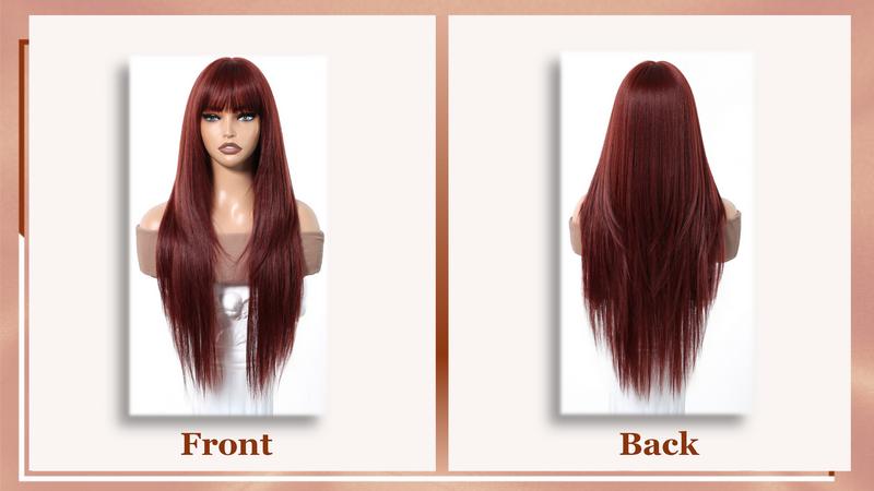 Long Straight Wig With Bangs 28inch Straight Black Wig Synthetic Heat Resistant Fiber Wig for Daily&Party everyday wear Curly Ponytail Extension Clip Tousled Updo Hair Bun Set