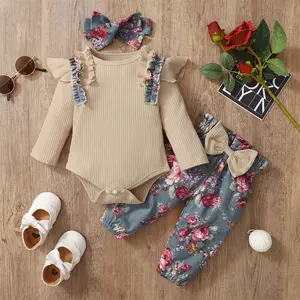 Baby Everyday Outfit Set Soft Ribbed Ruffle Bodysuit Floral Pants Matching Headband Complete Casual Clothes for Infants