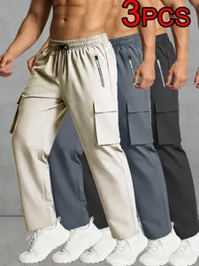 Men's Summer Cargo Pants, Ice Silk Quick Dry Lightweight Casual Pants, Elastic Waist Breathable Work Pants with Multiple Pockets for Hiking Running