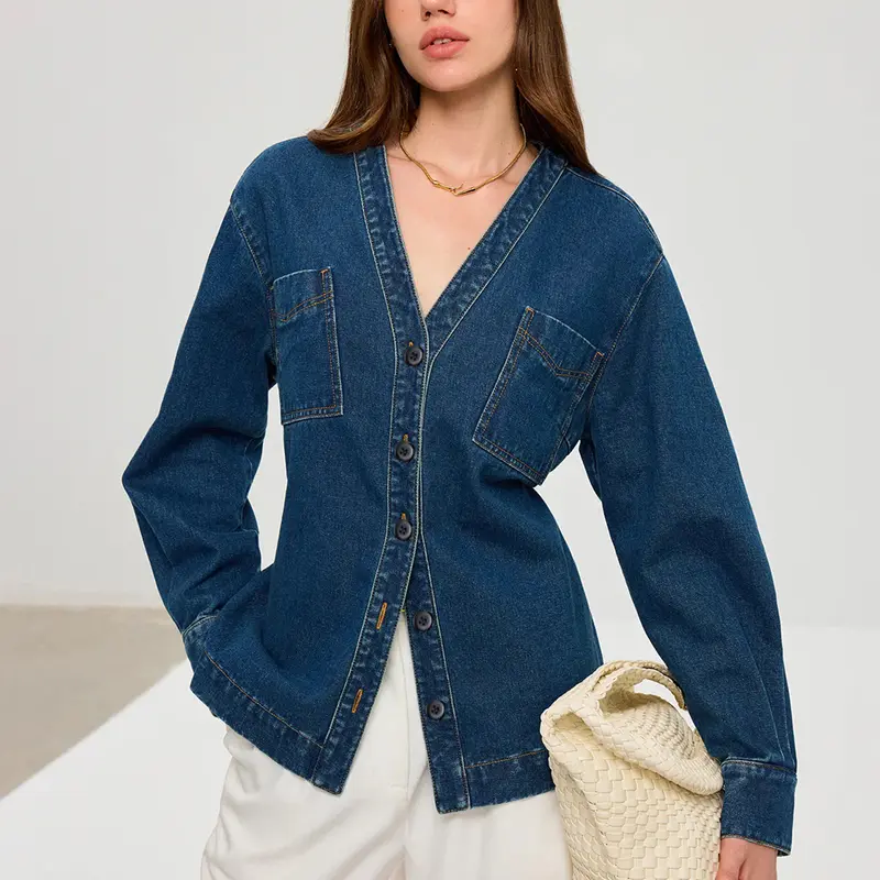 Women's Deep V-Neck Denim Jacket, Waist-Cinching Slim-Fit Long-Sleeve Single-Breasted Top, Ladies' Denim Shirt With Back Tie Detail, Suitable For Spring, Autumn And Winter