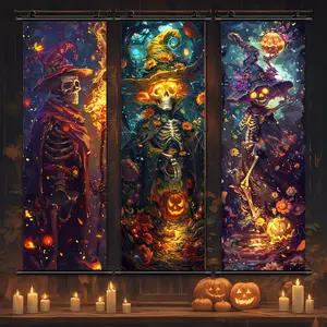 3 Counts Halloween Hanging Banner, Skeleton Witch Halloween Posters, Halloween Mural And Decorative Posters, Fun Party Decorations, Horror Themes, Living Room, Bedroom, Home Posters, High Definition, Waterproof, Ideal Gifts