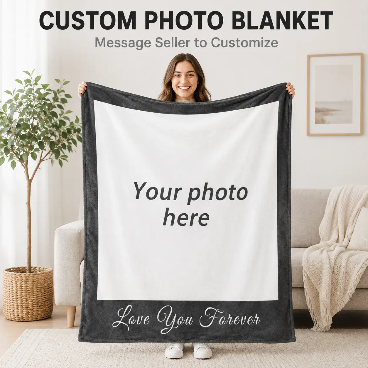 Personalized Photo Flannel Throw Blanket - Custom Message Memory Blanket, Cozy Gift for Couples, Wedding & Holiday Occasions