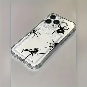 Crystal Clear Black Spider Card Holder Phone Case for iPhone 11 12 13 14 Plus 15 16 17 Pro Max Case, Slim Fit Shockproof Unique Design Protective Cover