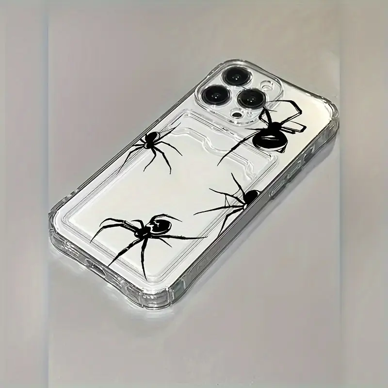 Black Spider Card Holder TPU Phone Case - Transparent, Slim Fit, Shockproof, Durable, Custom Unique Design Protective Casing for iPhone 11,12,13,14 Plus,15,16,17 Pro Max Mobile Phone Accessories