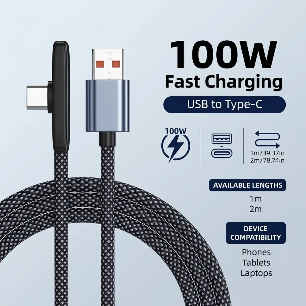 100W Fast Charging 90-Degree Elbow Type-C Phone Charger Cable Supports Data Transmission Compatible with iPhone for Samsung, for OPPO, for xiaomi for Oneplus