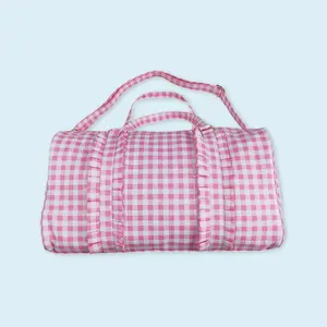 Pink Checkered Print Gym Ruffle Bags Women Weekend Travel Bags
